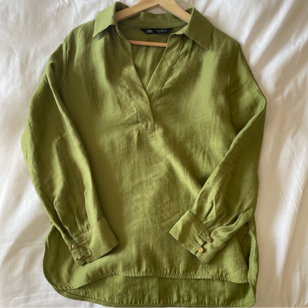 ZARA Green Lyocell Oversized V-Neck Long Sleeve Blouse - Picture 6 of 7